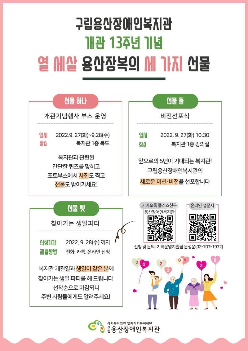 구립용산장애인복지관 개관13주년 기념  열 세살 용산장복의 세 가지 선물     선물 하나  개관기념행사 부스 운영  일시: 2022.9.27(화)~9.28(수)  장소: 복지관 1층 복도  복지관과 관련된 간단한 퀴즈를 맞히고, 포토부스에서 사진도 찍고, 선물도 받아가세요!     선물 둘  비전선포식  일시: 2022.9.27(화) 10:30  장소: 복지관 1층 강의식  앞으로의 5년이 기대되는 복지관! 구립용산장애인복지관의 새로운 비션비전을 선포합니다.     선물 셋  찾아가는 생일파티  신청기간: 2022.9.28(수)까지  제출방법: 전화, 카톡, 온라인 신청  복지관 개관일과 생일이 같은 분께 찾아가는 생일 파티를 해 드립니다.  선착순으로 마감되니 주변 사람들에게도 알려주세요!     신청 및 문의: 기획운영지원팀 문정운(02-707-1972)