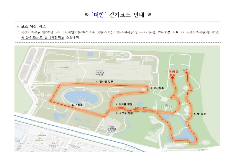 ※ 코스 예상 경로  : 용산가족공원(제2광장) -> 국립중앙박물관(석조물 정원->보신각종->전시관 입구->거울못) 20~30분 소요-> 용산가족공원(제1광장)  : 총 2~2.2km로 총 1시간정도소요예정