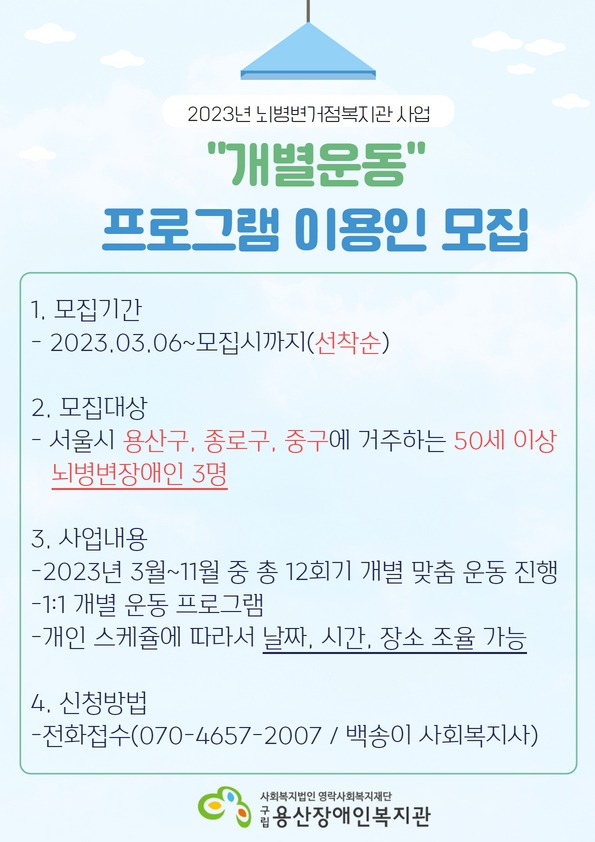 구립용산장애인복지관은 용산구, 종로구, 중구 권역 내 뇌병변 거점복지관으로 뇌병변 장애인의 복지증진 및 사회참여를 활성화하고 가족의 기능을 강화하고자 프로그램을 운영하고 있습니다.   1. 모집기간 - 2023.03.06.~모집시까지(선착순진행)  2. 모집대상 - 서울시 용산구, 종로구, 중구에 거주하는 50세 이상 뇌병변장애인 3명  3. 사업내용 -2023년 3월~11월 중 총 12회기 개별 맞춤 운동 진행 -1:1 개별 운동 프로그램 -개인 스케쥴에 따라서 날짜, 시간, 장소 조율 가능  4. 신청방법 -전화접수(070-4657-2007 / 백송이 사회복지사)